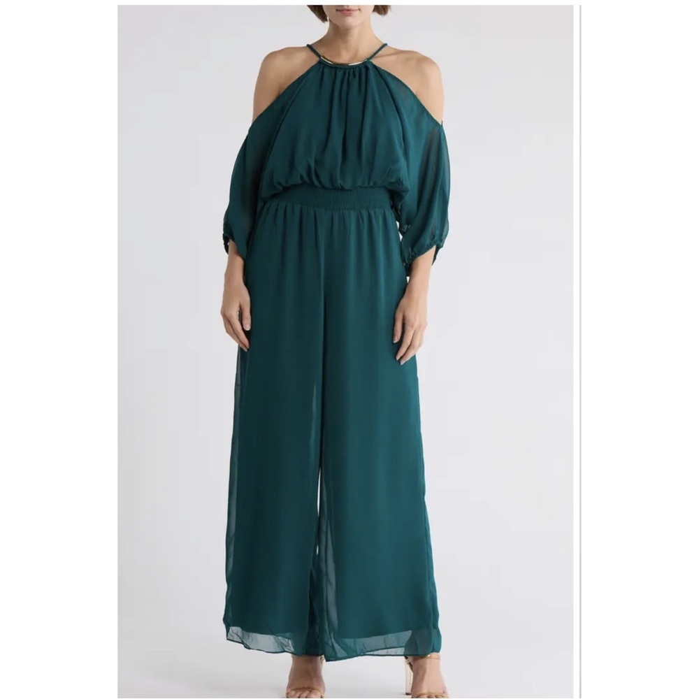 NWT Halogen Teal Chiffon Halter Jumpsuit Cold Shoulder Size Small
